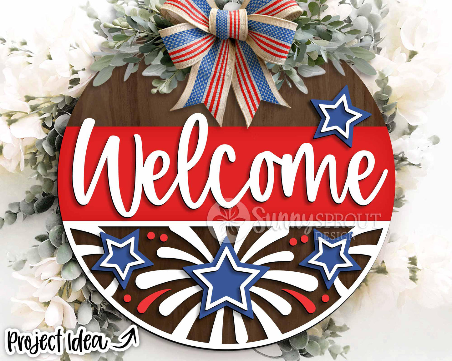 Welcome Fireworks Stars Sign, Digital Download, SVG Laser Cut File, Cricut, Round Door Hanger Design, Patriotic 4th of July Decor
