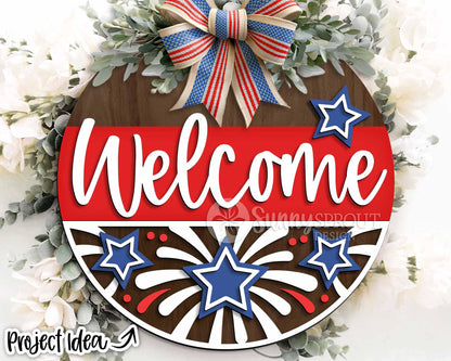 Welcome Fireworks Stars Sign, Digital Download, SVG Laser Cut File, Cricut, Round Door Hanger Design, Patriotic 4th of July Decor