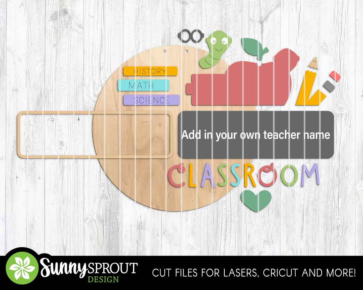 Classroom Chalkboard Teacher Name Sign, Digital download, SVG Laser cut file, Cricut, Round door hanger design, Personalize school decor
