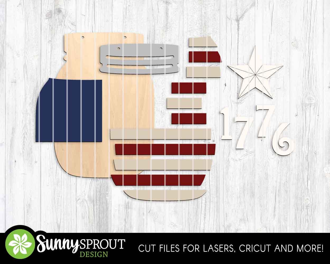 1776 American Flag Mason Jar Sign, Digital Download, SVG Laser Cut File, Cricut, Door Hanger Design, Patriotic 4th of July Decor