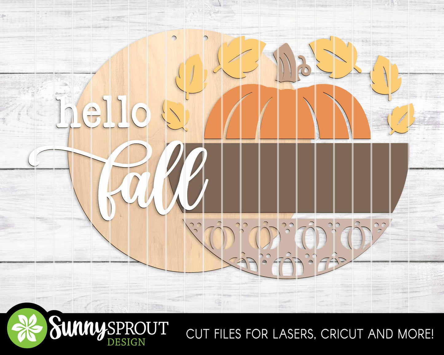 Hello Fall Pumpkin & Leaves Sign, Digital Download, SVG Laser Cut File, Cricut, Round Autumn Door Hanger Design