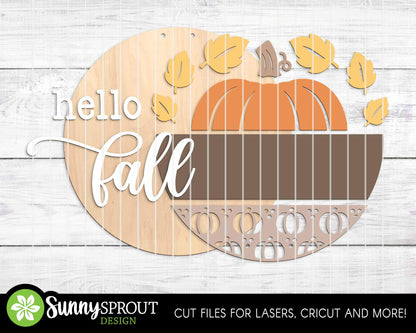 Hello Fall Pumpkin & Leaves Sign, Digital Download, SVG Laser Cut File, Cricut, Round Autumn Door Hanger Design
