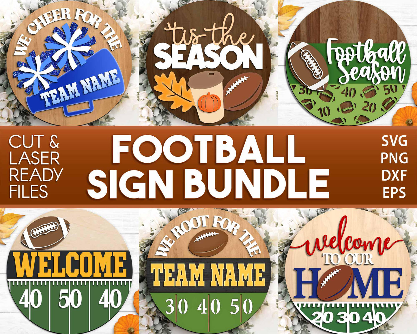 Football Sign Bundle, Round door hanger SVG, Glowforge laser file, American football laser cut files, Football season SVG