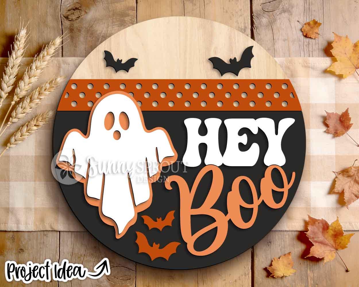 Hey Boo Polka Dot Sign, Digital Download, SVG Laser Cut File, Cricut, Round Halloween Welcome Door Hanger Design