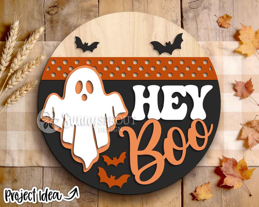 Hey Boo Polka Dot Sign, Digital Download, SVG Laser Cut File, Cricut, Round Halloween Welcome Door Hanger Design