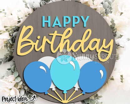 Happy Birthday Balloons Sign, Digital Download, SVG Laser Cut File, Cricut, Round Party Door Hanger Design