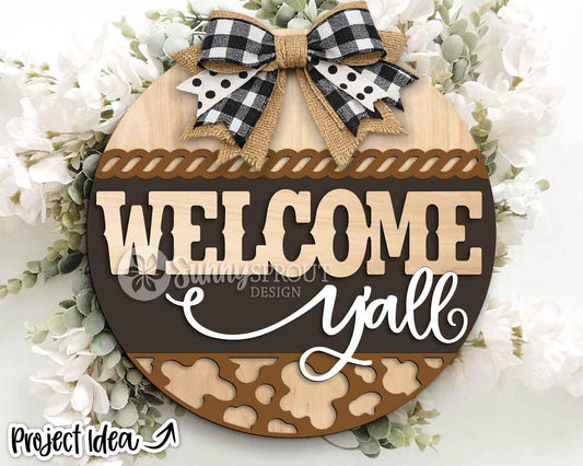 Welcome Y'all Cow Pattern Rope Sign, Digital Download, SVG Laser Cut File, Cricut, Western Cowboy Round Door Hanger Design
