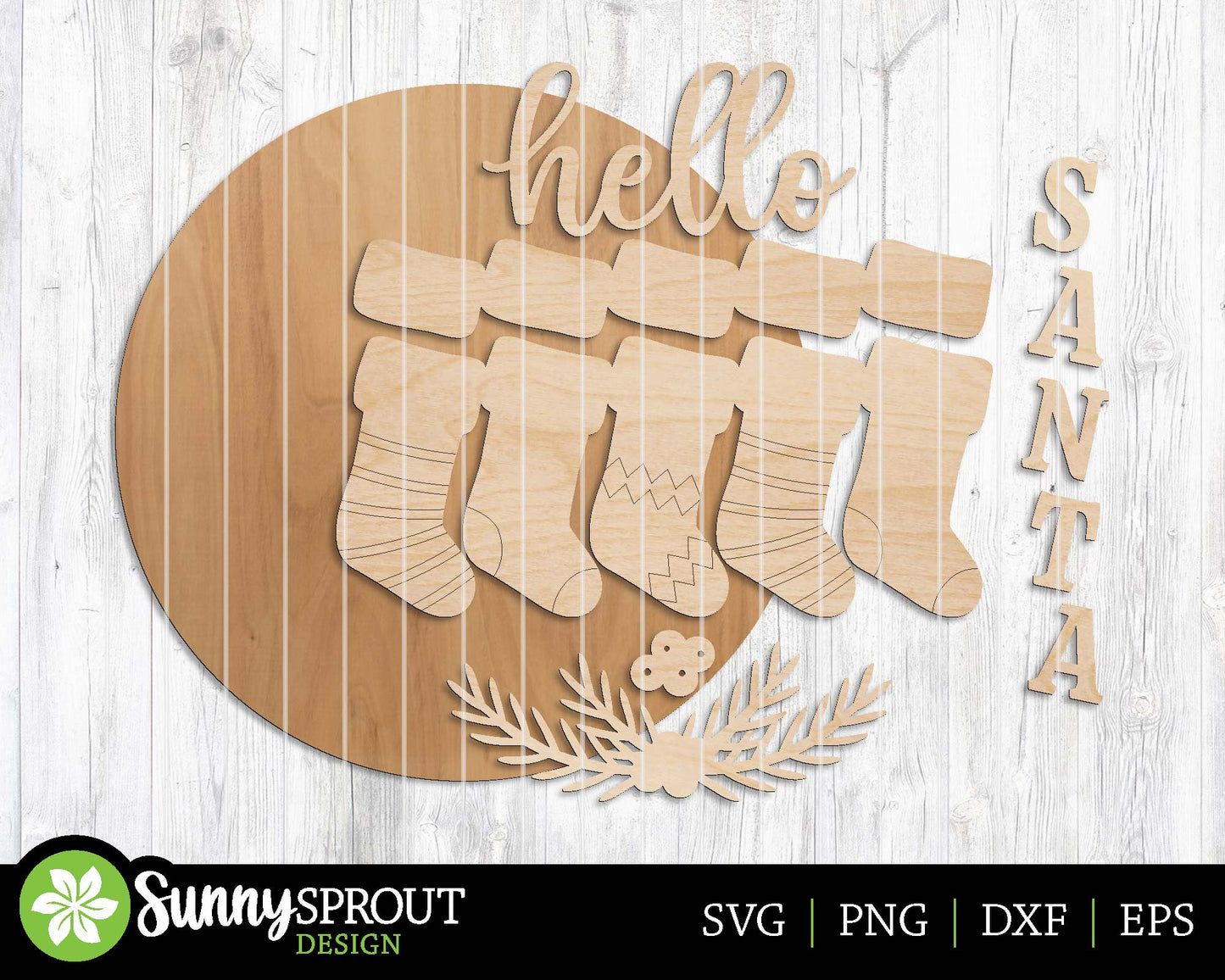 Hello Santa Stockings Sign, Digital Download, SVG Laser Cut File, Cricut, Round Door Hanger Design, Christmas Decor