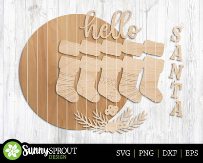 Hello Santa Stockings Sign, Digital Download, SVG Laser Cut File, Cricut, Round Door Hanger Design, Christmas Decor