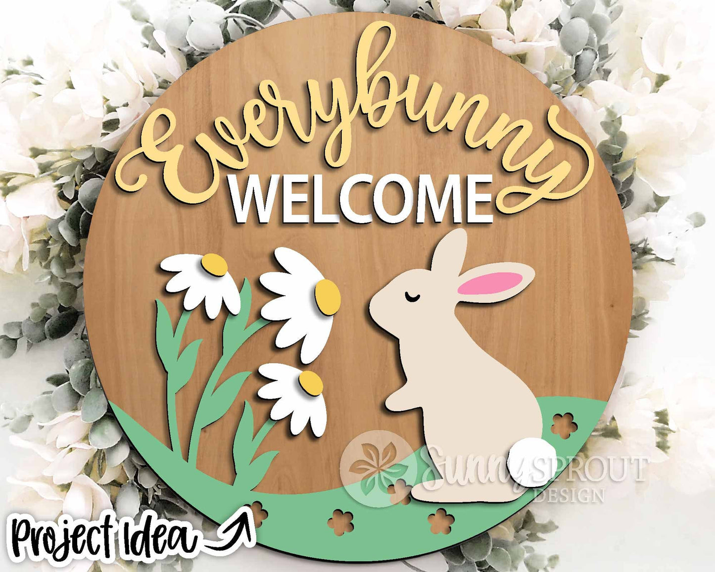 Everybunny Welcome Daisy Sign, Digital download, SVG Laser cut file, Cricut, Round door hanger design, Spring Easter decor