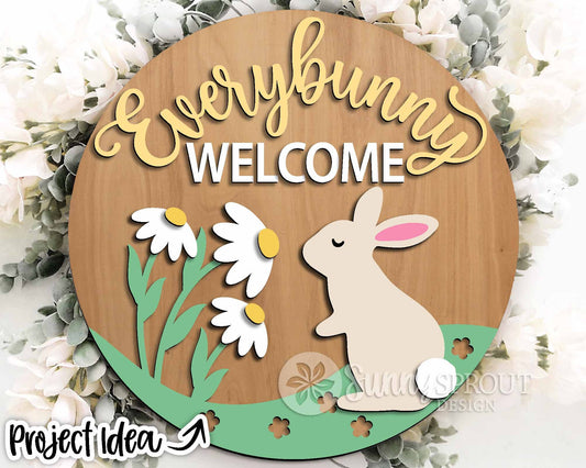 Everybunny Welcome Daisy Sign, Digital download, SVG Laser cut file, Cricut, Round door hanger design, Spring Easter decor