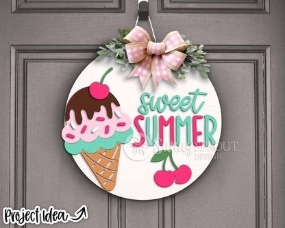 Sweet Summer Ice Cream Cone Sign, Digital Download, SVG Laser Cut File, Cricut, Round Door Hanger Design