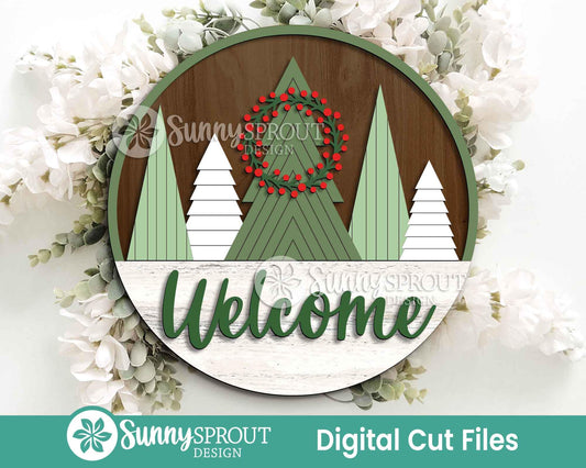 Welcome Pine Tree Wreath Sign, Digital Download, SVG Laser Cut File, Cricut, Round Door Hanger Design, Winter Christmas Decor