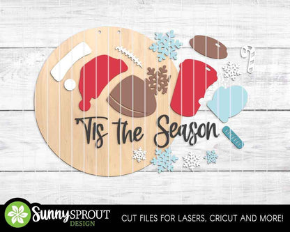 Tis the Season Christmas Football Sign, Digital Download, SVG Laser Cut File, Cricut, Round Door Hanger Design, Christmas Decor