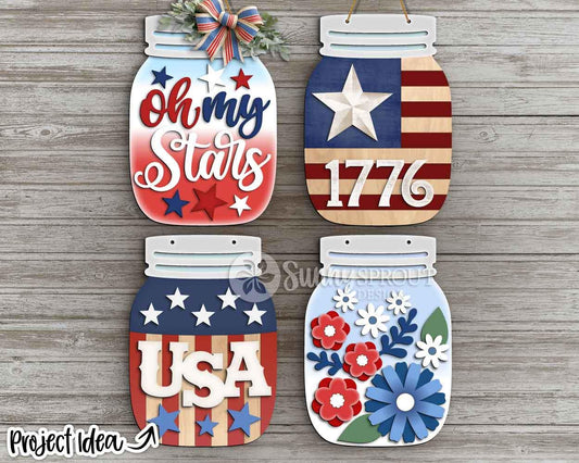 4th of July Patriotic Mason Jar Sign Bundle, Door hanger svg, Glowforge laser cut file, Cricut, Summer welcome sign svg