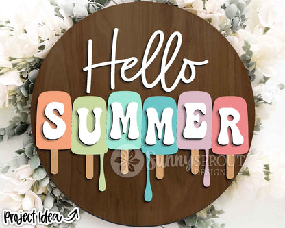 Hello Summer Popsicle Drip Sign, Digital Download, SVG Laser Cut File, Cricut, Round Door Hanger Design