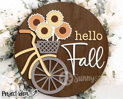 Hello Fall Bicycle Sunflowers Sign, Digital Download, SVG Laser Cut File, Cricut, Round Welcome Door Hanger Design