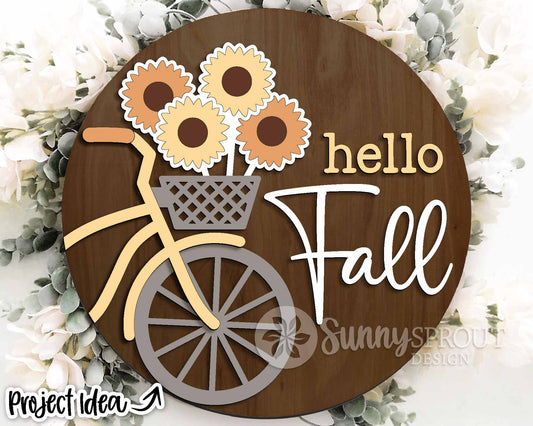 Hello Fall Bicycle Sunflowers Sign, Digital Download, SVG Laser Cut File, Cricut, Round Welcome Door Hanger Design