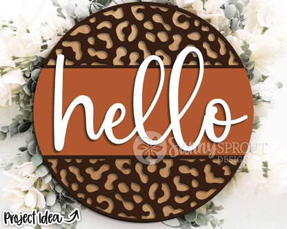 Hello Cheetah Print Sign, Digital Download, SVG Laser Cut File, Cricut, Animal Round Door Hanger Design
