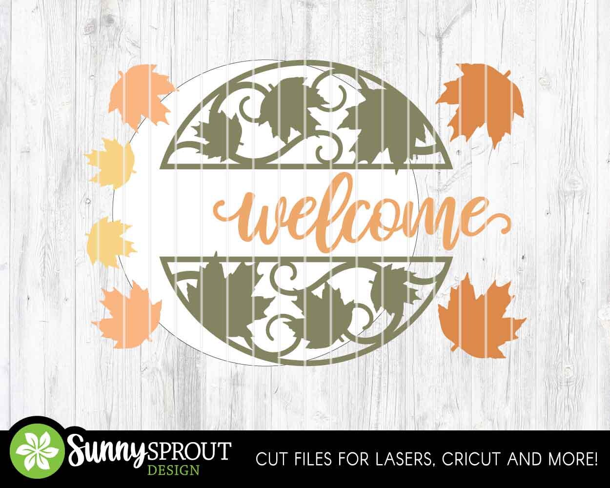 Welcome Maple Leaf Scroll Pattern Sign, Digital Download, SVG Laser Cut File, Cricut, Round Fall Door Hanger Design