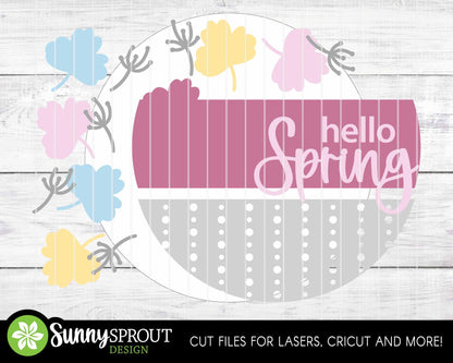 Hello Spring Falling Flowers Sign, Digital download, SVG Laser cut file, Cricut, Round door hanger design