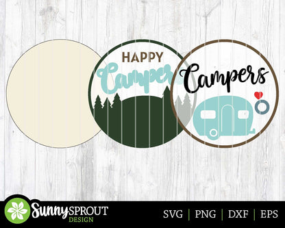 Happy Campers Retro Sign, Digital download, SVG Laser cut file, Cricut, Round door hanger design, Camping cabin decor