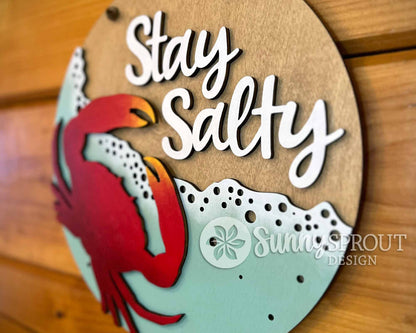 Stay Salty Crab Ocean Sign, Digital download, SVG Laser cut file, Cricut, Round door hanger wall art design, Beach coastal decor