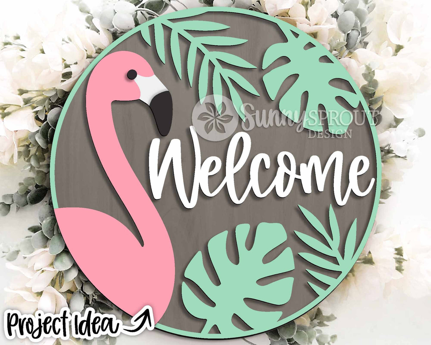 Welcome Flamingo Tropical Leaf Sign, Digital Download, SVG Laser Cut File, Cricut, Summer Round Door Hanger Design