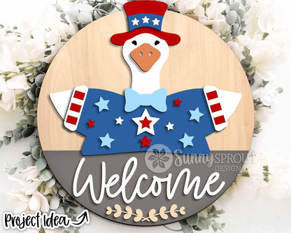 Goose Welcome 4th of July Sign, Digital Download, SVG Laser Cut File, Cricut, Round Door Hanger Design, Patriotic 4th of July Decor