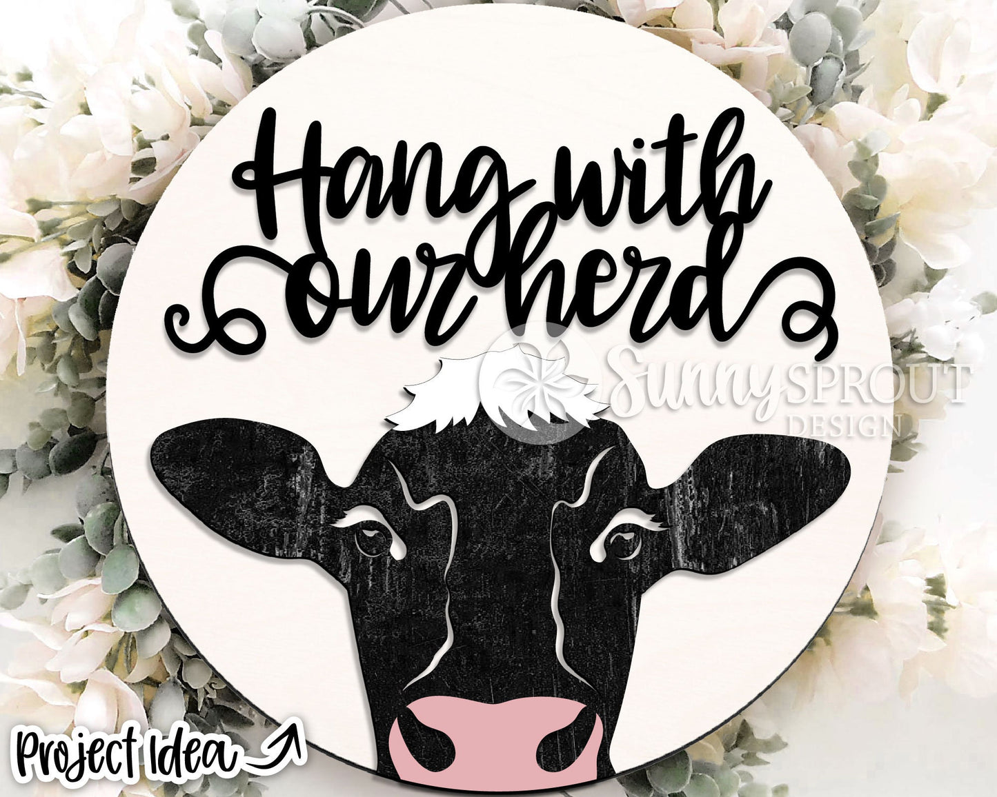 Hang With Our Herd Cow Head Sign, Digital download, SVG Laser cut file, Cricut, Round door hanger design, Farm animal decor