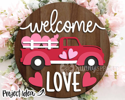 Valentine Laser Sign Bundle 5, Round door hanger, Glowforge laser file, Cricut, Heart welcome sign, Valentine's Day decor