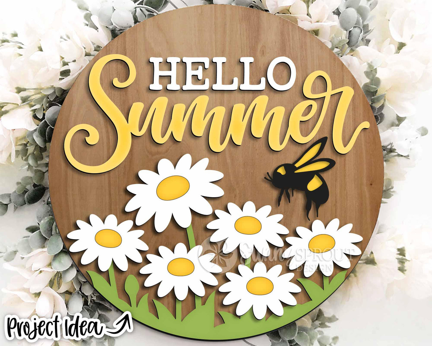 Hello Summer Daisies Bee Sign, Digital Download, SVG Laser Cut File, Cricut, Round Door Hanger Design