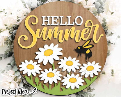 Hello Summer Daisies Bee Sign, Digital Download, SVG Laser Cut File, Cricut, Round Door Hanger Design