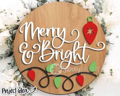 Merry & Bright String Lights Sign, Digital Download, SVG Laser Cut File, Cricut, Round Door Hanger Design, Christmas Decor