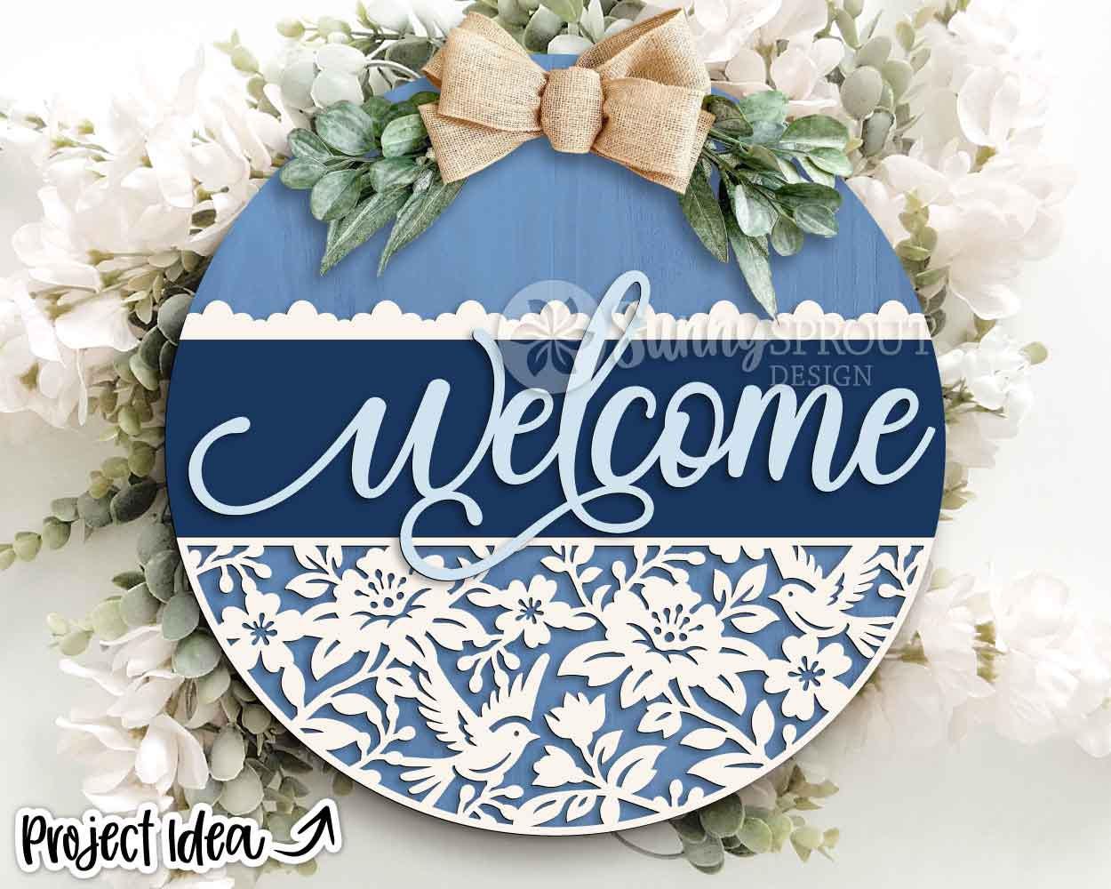 Welcome Chinoiserie Flower Pattern Sign, Digital Download, SVG Laser Cut File, Cricut, Floral Lace Round Door Hanger Design