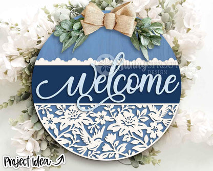 Welcome Chinoiserie Flower Pattern Sign, Digital Download, SVG Laser Cut File, Cricut, Floral Lace Round Door Hanger Design