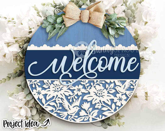 Welcome Chinoiserie Flower Pattern Sign, Digital Download, SVG Laser Cut File, Cricut, Floral Lace Round Door Hanger Design