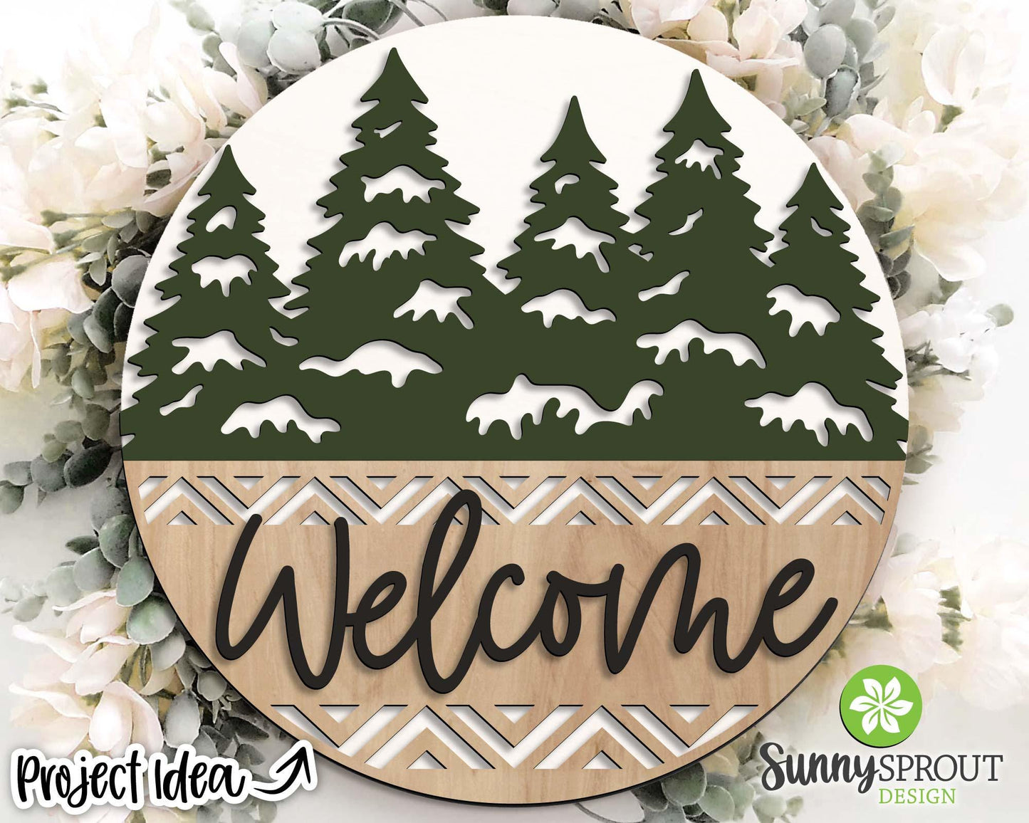 Welcome Snowy Pine Trees Sign, Round door hanger svg, Glowforge laser cut file, Cricut, Winter, Christmas holiday decor