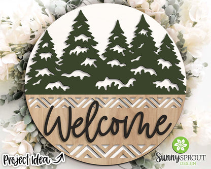 Welcome Snowy Pine Trees Sign, Round door hanger svg, Glowforge laser cut file, Cricut, Winter, Christmas holiday decor