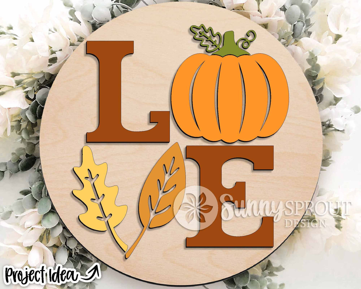 Love Fall Pumpkin Leaves Sign, Digital Download, SVG Laser Cut File, Cricut, Round Autumn Door Hanger Design