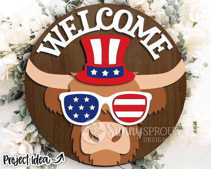 Welcome Patriotic Highland Cow Sign, Digital Download, SVG Laser Cut File, Cricut, Round Door Hanger Design, 4th of July Decor