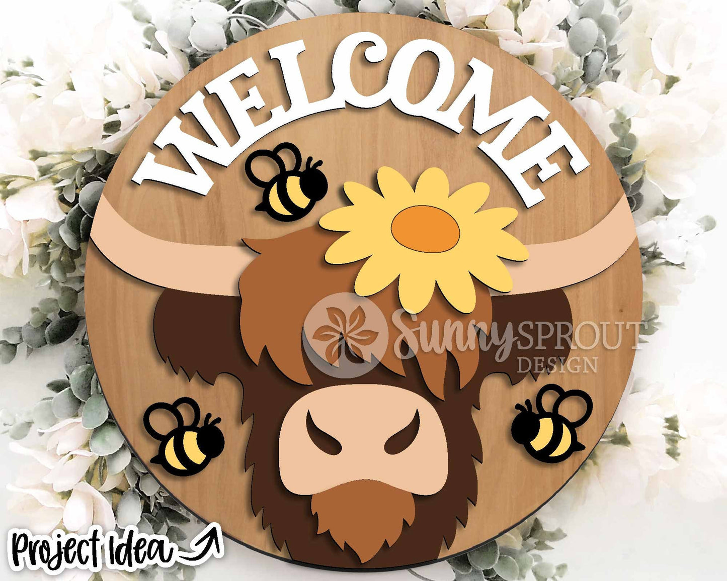 Welcome Highland Cow Bee Sign, Digital download, SVG Laser cut file, Cricut, Round door hanger design, Farm animal decor