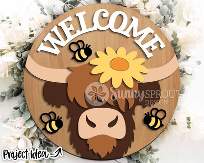 Welcome Highland Cow Bee Sign, Digital download, SVG Laser cut file, Cricut, Round door hanger design, Farm animal decor