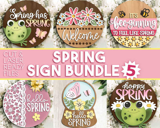 Spring Sign Bundle 5, Round door hanger svg, Glowforge laser file, Cricut, Spring flower welcome sign, Hello Spring