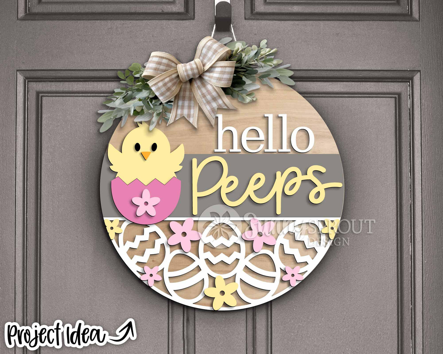 Hello Peeps Chick & Easter Egg Sign, Digital download, SVG Laser cut file, Cricut, Round door hanger design, Spring decor