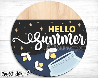 Hello Summer Fireflies and Jar Sign, Digital Download, SVG Laser Cut File, Cricut, Round Door Hanger Design