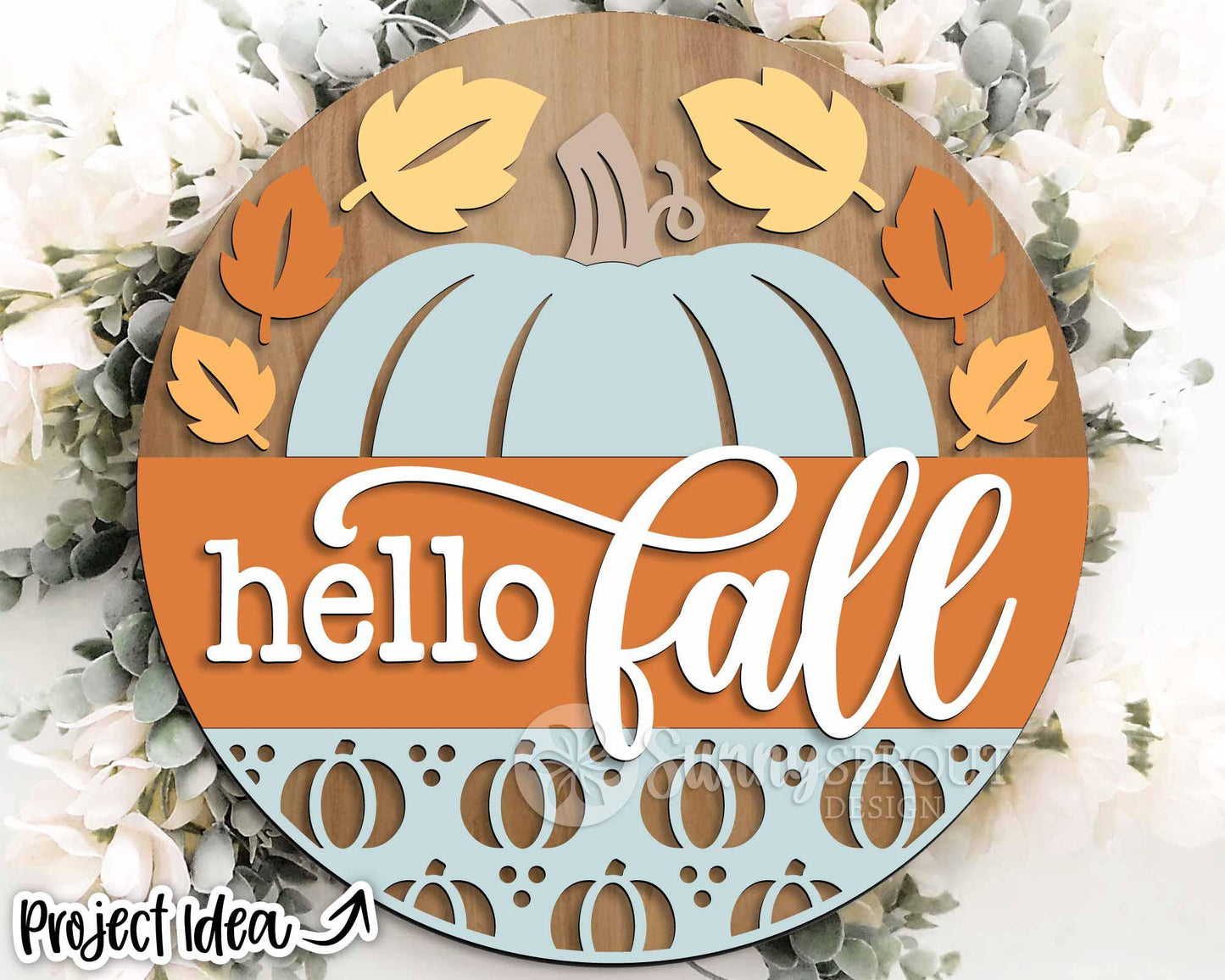 Hello Fall Pumpkin & Leaves Sign, Digital Download, SVG Laser Cut File, Cricut, Round Autumn Door Hanger Design