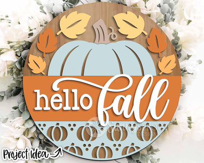 Hello Fall Pumpkin & Leaves Sign, Digital Download, SVG Laser Cut File, Cricut, Round Autumn Door Hanger Design