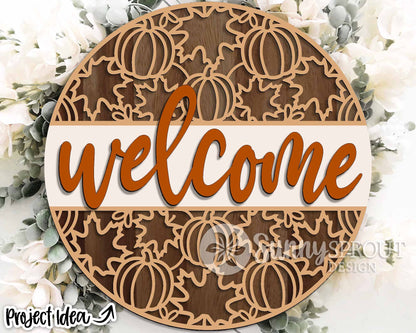 Welcome Pumpkin Leaf Pattern Sign, Digital Download, SVG Laser Cut File, Cricut, Round Fall Door Hanger Design