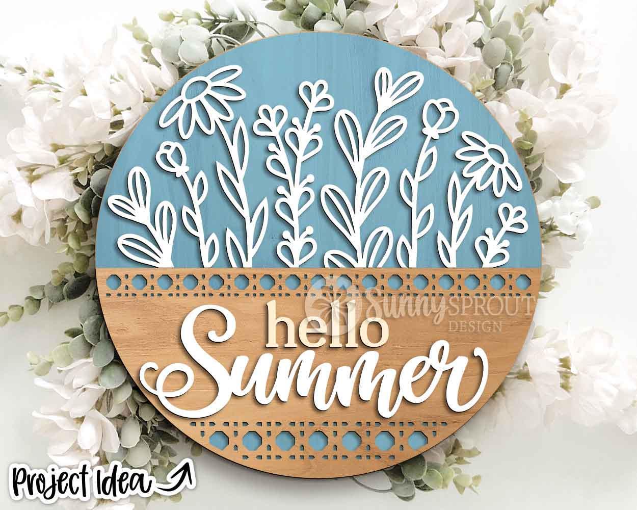 Hello Summer Wildflowers Rattan Pattern Sign, Digital Download, SVG Laser Cut File, Cricut, Round Door Hanger Design